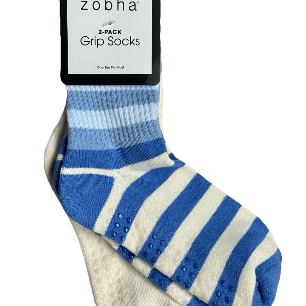 Zobha Striped Blue and White GRIP Socks 2-Pack PILATES YOGA BARRE Non Slip